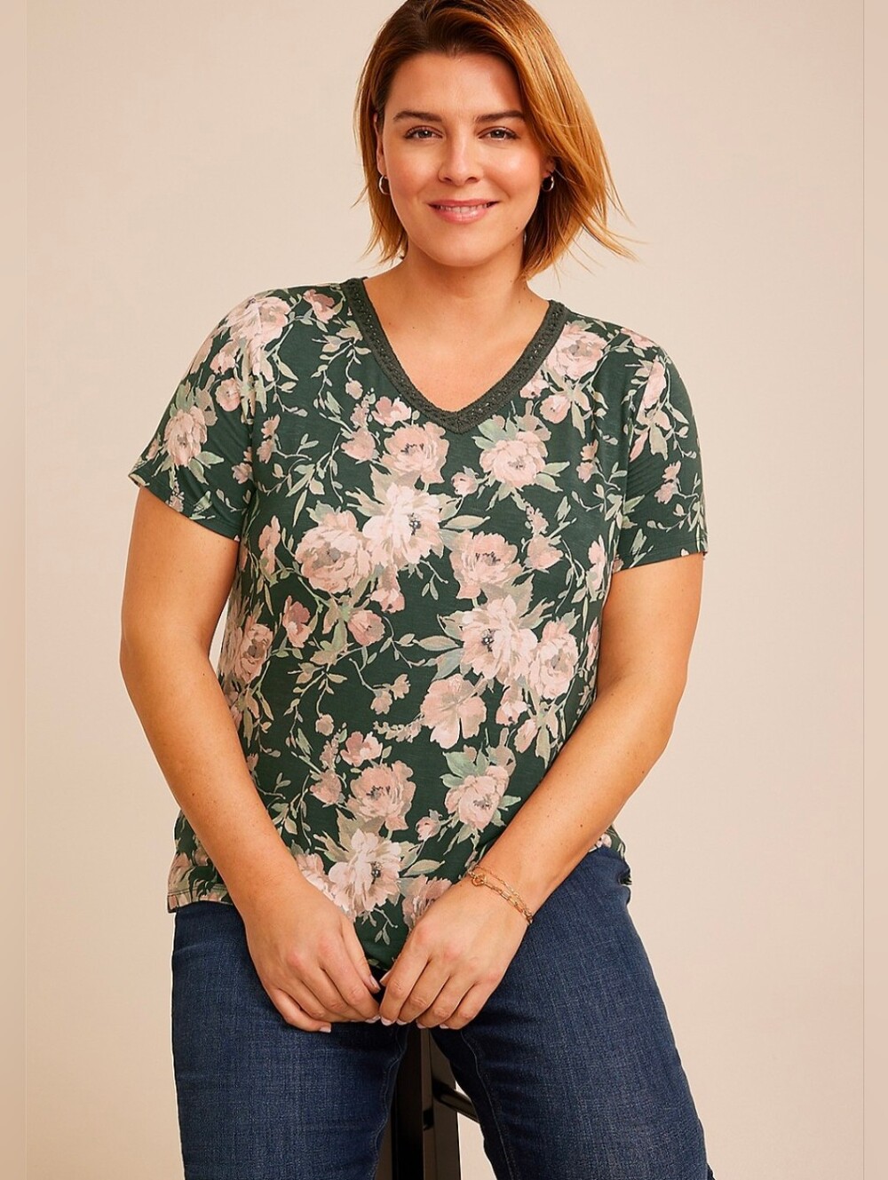 0X Maurices Floral Crochet Trim V Neck Tee- NWT